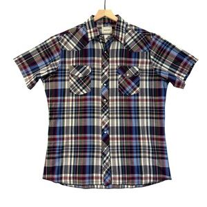 Frontier Western Plaid Pearl Snap Short Sleeve Shirt. Blue Red Gray XLT #1823